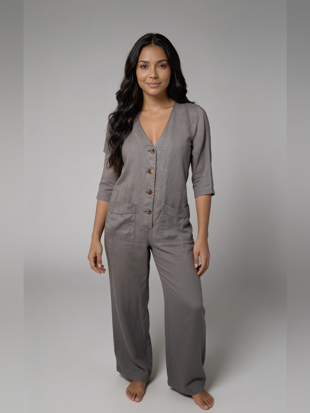 ZARA Light Gray Linen Button Front Jumpsuit